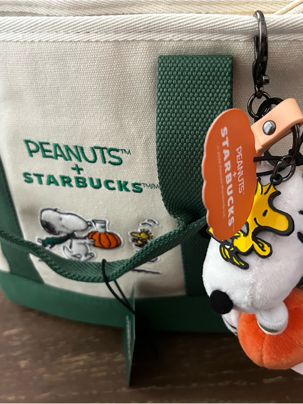 Starbucks Cream and Green Peanuts Canvas Mini Tote with Snoopy Charm - Picture 2 of 9
